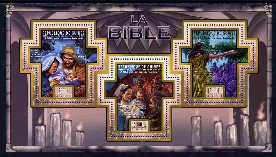 Guinea - Conakry 2011 The Bible #4 perf sheetlet containing 3 Cross shaped values unmounted mint Michel 8502-04, stamps on religion, stamps on bible, stamps on shaped, stamps on judaism, stamps on judaica