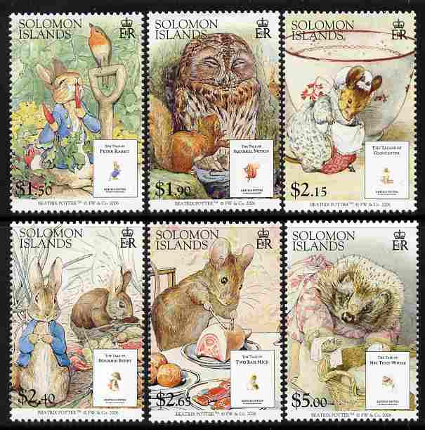 Solomon Islands 2006 The Tales of Beatrice Potter perf set of 6 unmounted mint SG 1216-21, stamps on literature, stamps on children, stamps on owls, stamps on rabbits, stamps on squirrels, stamps on mice, stamps on hedgehogs