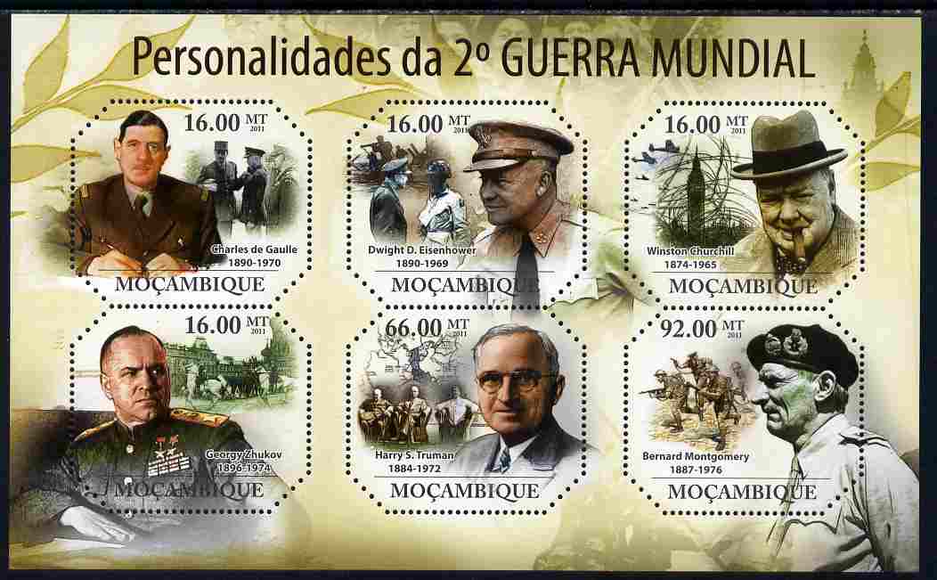 Mozambique 2011 Personalities of WW2 perf sheetlet containing six octagonal shaped values unmounted mint , stamps on shaped, stamps on personalities, stamps on churchill, stamps on de gaulle, stamps on constitutions, stamps on  ww2 , stamps on masonry, stamps on masonics, stamps on truman, stamps on usa presidents