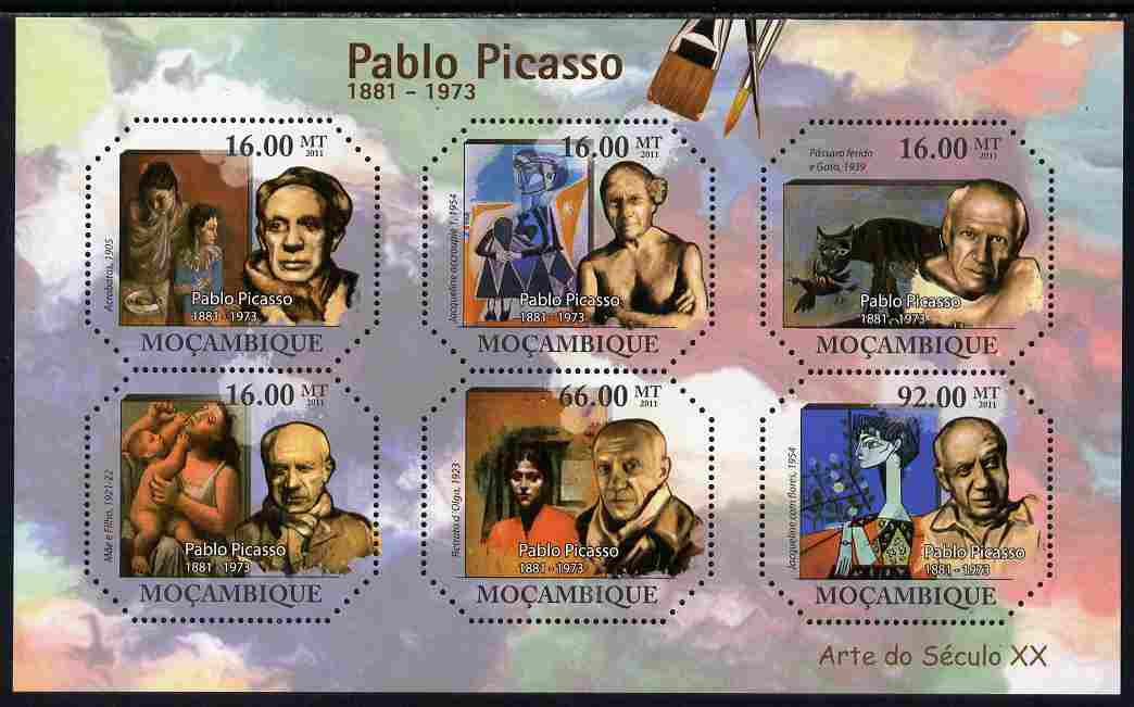 Mozambique 2011 Paintings by Pablo Picasso perf sheetlet containing six octagonal shaped values unmounted mint , stamps on shaped, stamps on personalities, stamps on arts, stamps on picasso, stamps on 