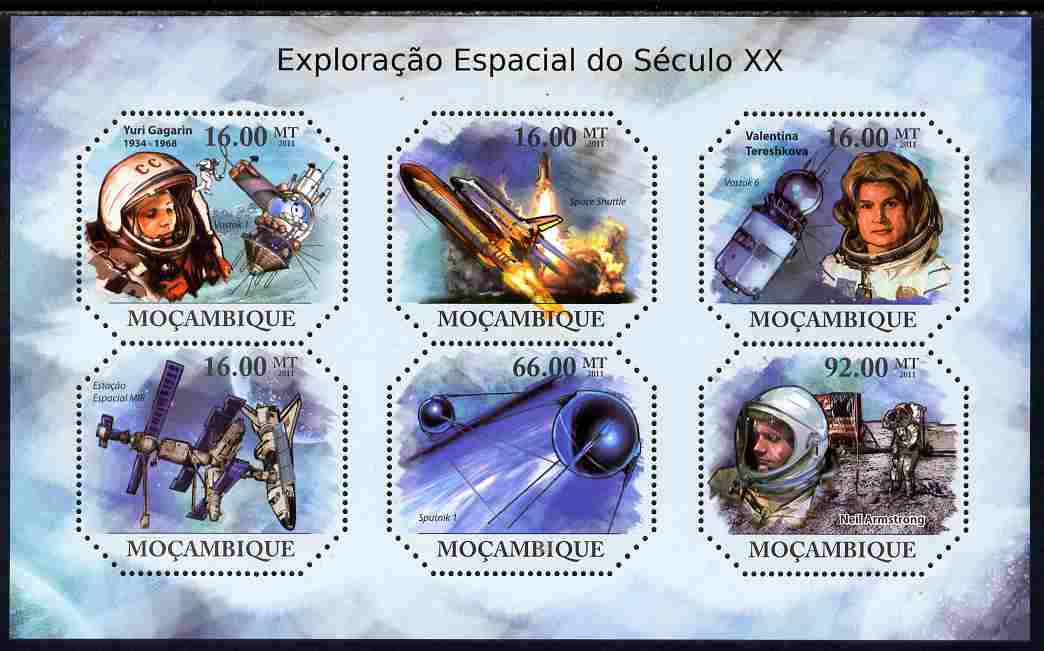 Mozambique 2011 Space Exploration perf sheetlet containing six octagonal shaped values unmounted mint , stamps on shaped, stamps on space, stamps on gagarin, stamps on apollo, stamps on satellites, stamps on shuttle, stamps on rockets, stamps on 