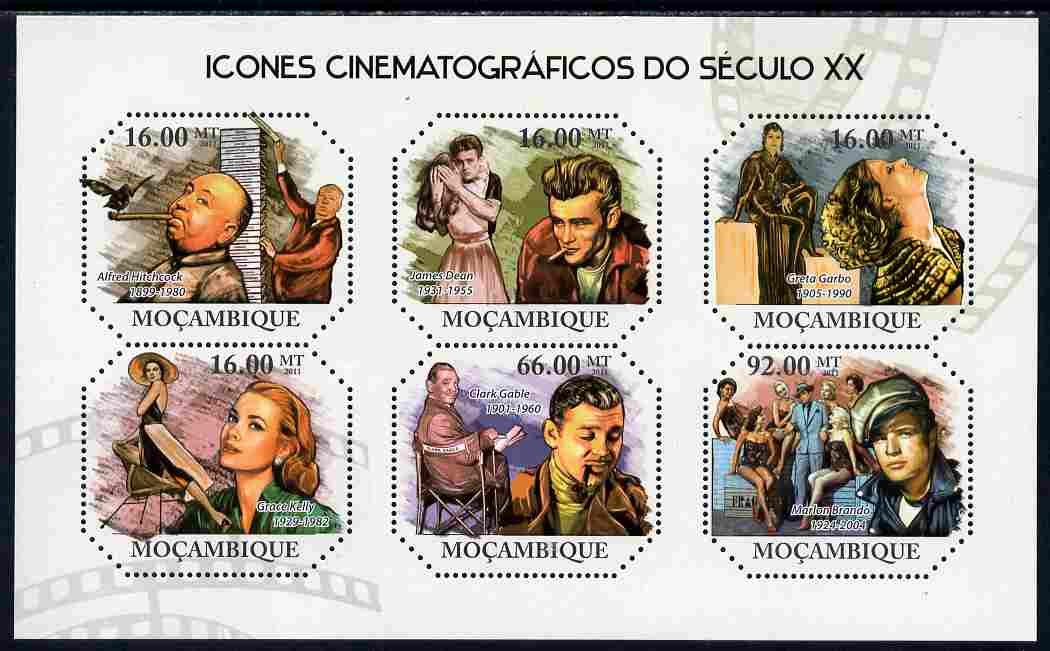 Mozambique 2011 Cinema Icons of the 20th Century perf sheetlet containing six octagonal shaped values unmounted mint , stamps on shaped, stamps on personalities, stamps on films, stamps on movies, stamps on cinema, stamps on dean, stamps on brando