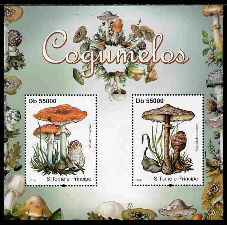 St Thomas & Prince Islands 2011 Poisonous Mushrooms perf sheetlet containing 2 values unmounted mint , stamps on fungi