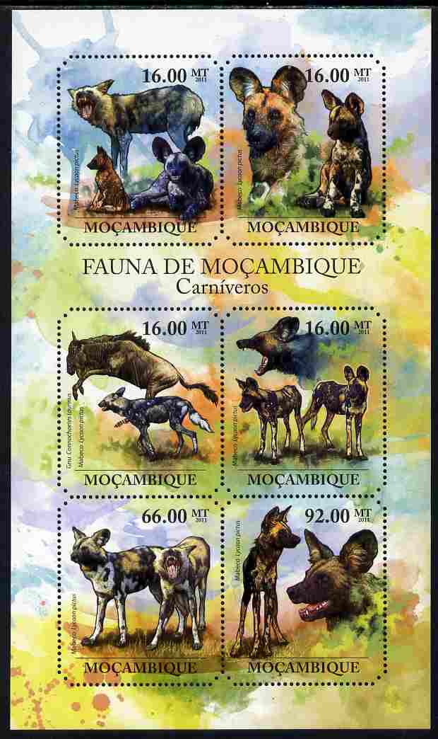 Mozambique 2011 African Wild Dog perf sheetlet containing six octagonal shaped values unmounted mint , stamps on shaped, stamps on animals, stamps on dogs