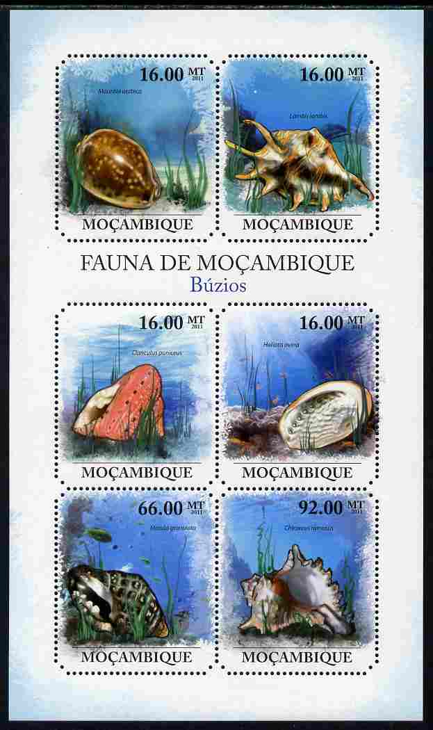 Mozambique 2011 Shells perf sheetlet containing six octagonal shaped values unmounted mint , stamps on shaped, stamps on marine life, stamps on shells