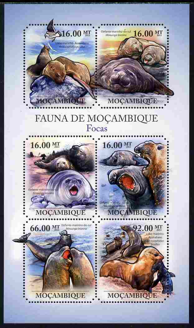 Mozambique 2011 Seals perf sheetlet containing six octagonal shaped values unmounted mint , stamps on , stamps on  stamps on shaped, stamps on  stamps on marine life, stamps on  stamps on seals