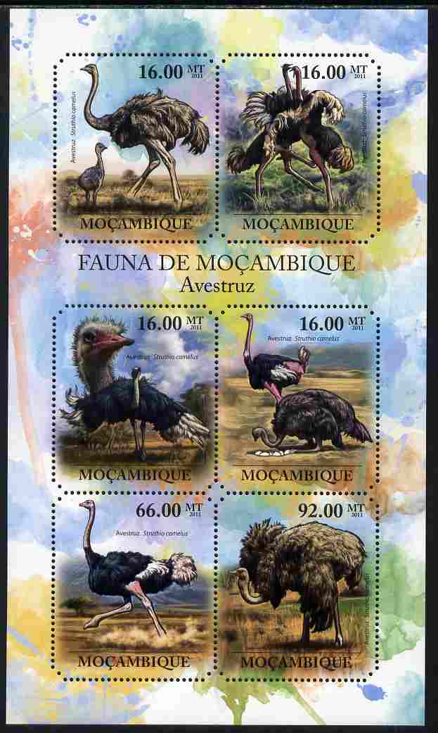 Mozambique 2011 Ostrich perf sheetlet containing six octagonal shaped values unmounted mint , stamps on shaped, stamps on birds, stamps on ostrich
