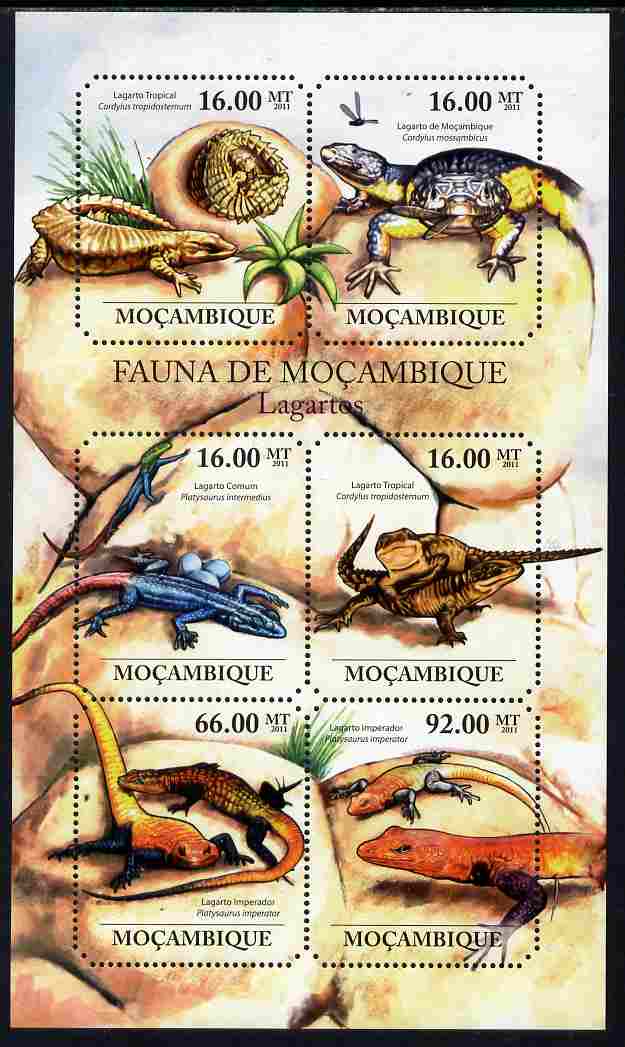 Mozambique 2011 Lizards perf sheetlet containing six octagonal shaped values unmounted mint , stamps on shaped, stamps on reptiles, stamps on lizards