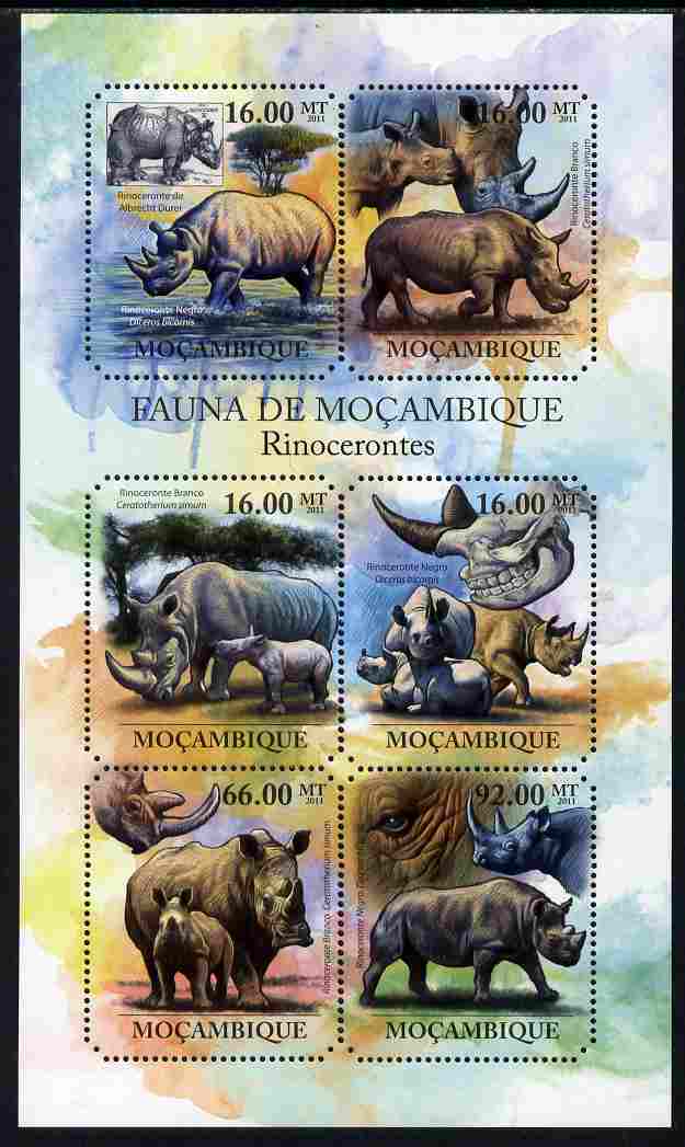Mozambique 2011 Rhinos perf sheetlet containing six octagonal shaped values unmounted mint , stamps on shaped, stamps on animals, stamps on rhinos