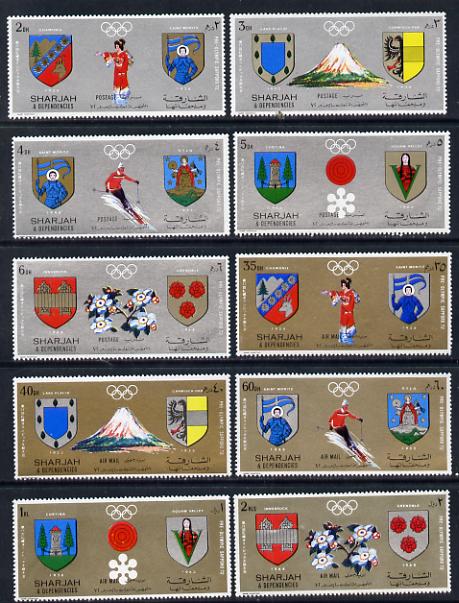 Sharjah 1972 Sapporo Winter Pre-Olympics set of 10 (Mi 825-34A) unmounted mint, stamps on sport     heraldry, stamps on arms    olympics