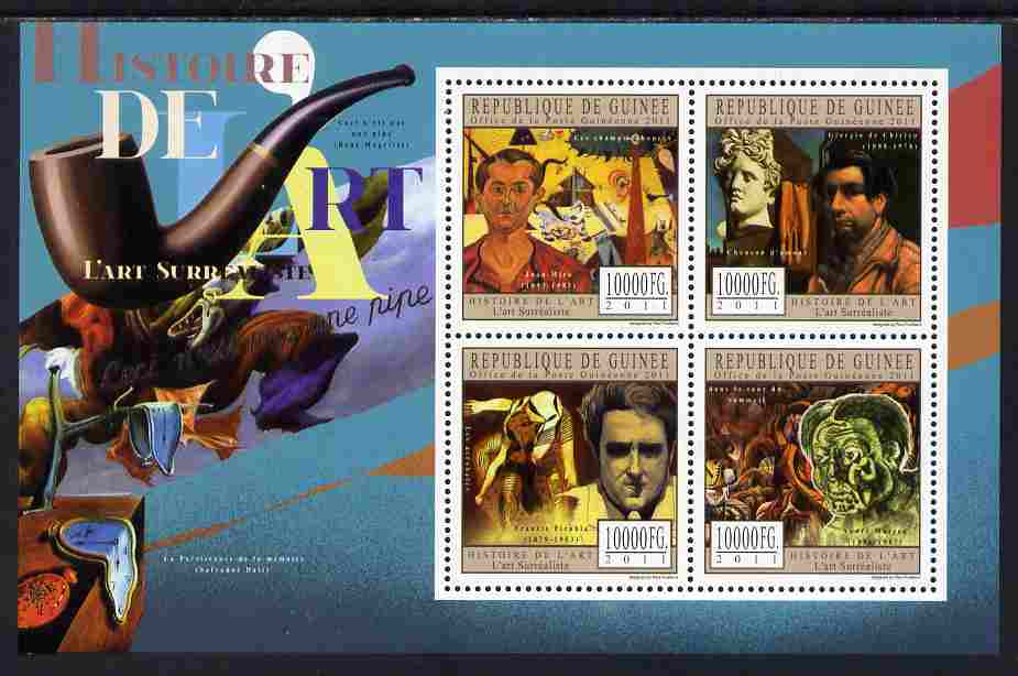 Guinea - Conakry 2011 History of Art - Surrealist Art perf sheetlet containing 4 values unmounted mint, stamps on arts, stamps on dali, stamps on smoking