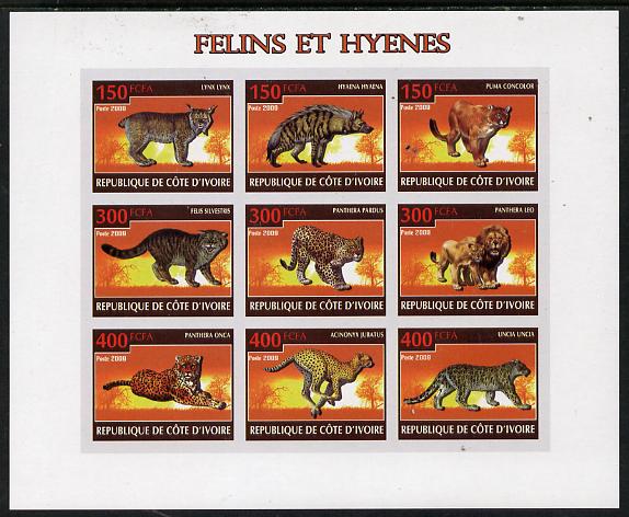 Ivory Coast 2009 Big cats & Hyenas imperf sheetlet containing 9 values unmounted mint, stamps on animals, stamps on cats, stamps on dogs, stamps on lions, stamps on 