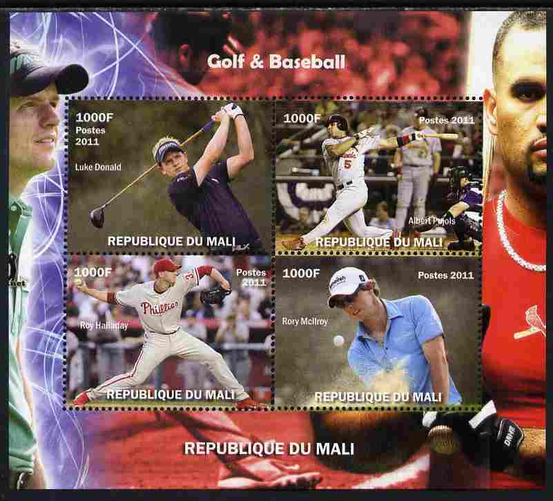 Mali 2011 Golf & Baseball perf sheetlet containing 4 values unmounted mint. Note this item is privately produced and is offered purely on its thematic appeal, stamps on sport, stamps on golf, stamps on baseball