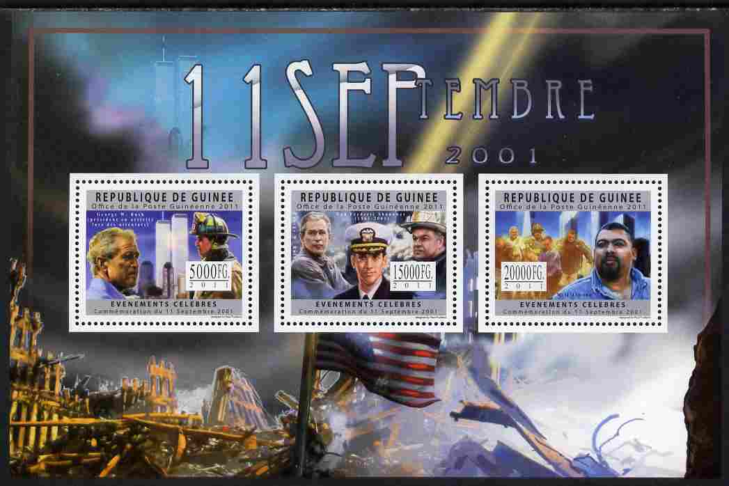 Guinea - Conakry 2011 Commemoration of 9/11 perf sheetlet containing 3 values unmounted mint, stamps on , stamps on  stamps on disasters.fire, stamps on  stamps on usa presidents