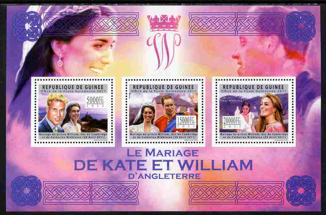 Guinea - Conakry 2011 Royal Wedding - William & Kate perf sheetlet containing 3 values unmounted mint, stamps on royalty, stamps on royal wedding, stamps on william, stamps on kate