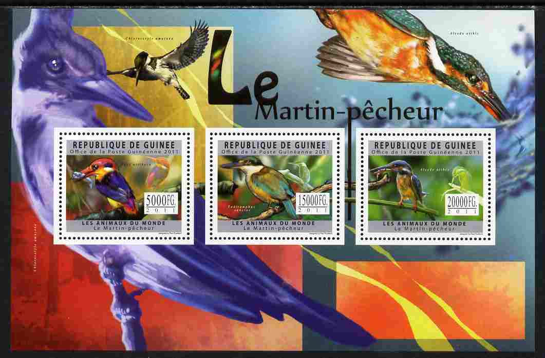 Guinea - Conakry 2011 Kingfishers perf sheetlet containing 3 values unmounted mint, stamps on birds, stamps on kingfishers