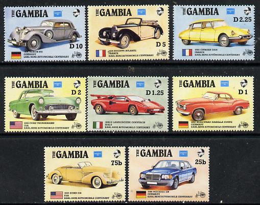 Gambia 1987 Ameripex (Cars) perf set of 8 unmounted mint, SG 650-57, stamps on cars, stamps on stamp exhibitions, stamps on ford    horch    borgward    bugatti     lamborghini     mercedes     citroen      cord