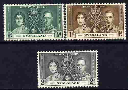 Nyasaland 1937 KG6 Coronatio set of 3 perforated SPECIMEN fine with gum and only 415 produced, stamps on coronation, stamps on  kg6 , stamps on royalty, stamps on specimen
