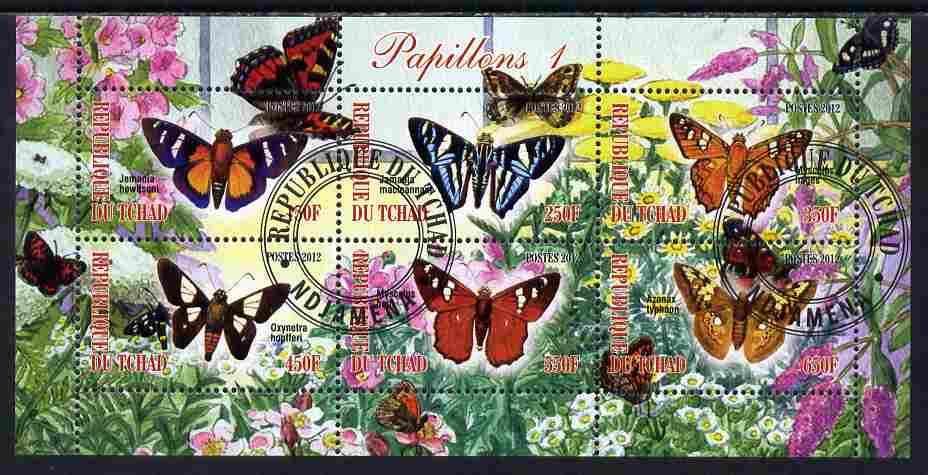 Chad 2012 Butterflies #1 perf sheetlet containing 6 values cto used, stamps on butterflies