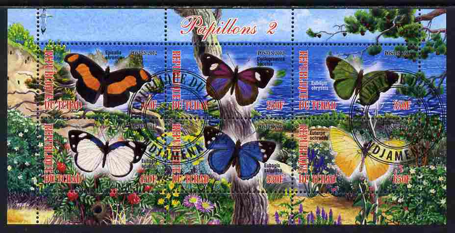 Chad 2012 Butterflies #2 perf sheetlet containing 6 values cto used, stamps on , stamps on  stamps on butterflies