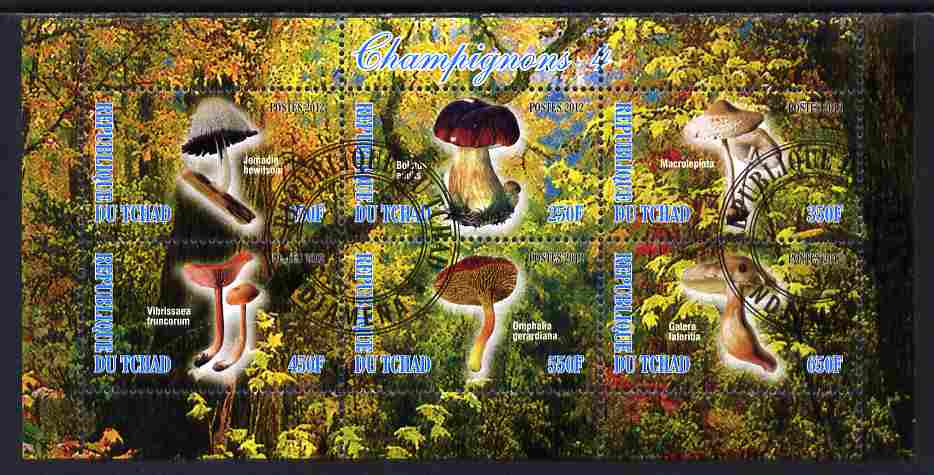 Chad 2012 Mushrooms #4 perf sheetlet containing 6 values cto used, stamps on fungi