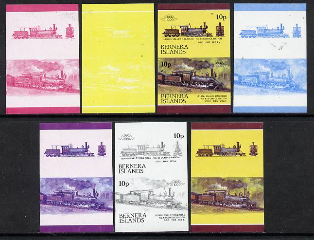 Bernera 1983 Locomotives #2 (Lehigh Valley Railroad) 10p set of 7 se-tenant progressive proof pairs comprising the 4 individual colours plus 2, 3 and all 4 colour composites (7 proof pairs) unmounted mint*, stamps on railways