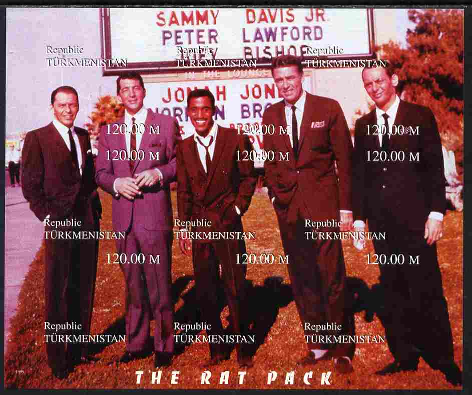 Turkmenistan 1999 The Rat Pack (Sinatra, Davis Jr, Dean Martin etc) composite imperf sheetlet containing complete set of 9 values unmounted mint. Note this item is privately produced and is offered purely on its thematic appeal, stamps on music, stamps on personalities, stamps on entertainments, stamps on films, stamps on cinema, stamps on  tv , stamps on sinatra, stamps on judaica, stamps on jazz, stamps on movies