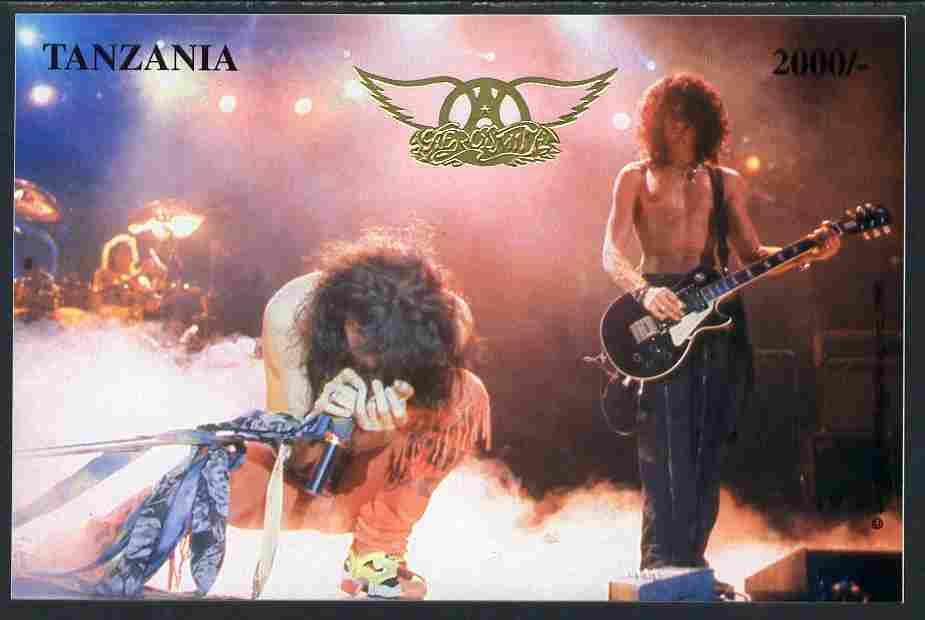 Tanzania 1996 Aerosmith #1 imperf deluxe m/sheet 2,000s value on thin card with gold embossing and numbered on reverse unmounted mint, stamps on music, stamps on rock, stamps on pops