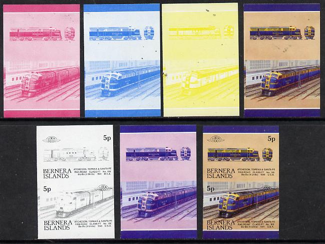Bernera 1983 Locomotives #2 (Atcheson, Topeka & Santa Fe) 5p set of 7 se-tenant progressive proof pairs comprising the 4 individual colours plus 2, 3 and all 4 colour composites (7 proof pairs) unmounted mint*, stamps on railways