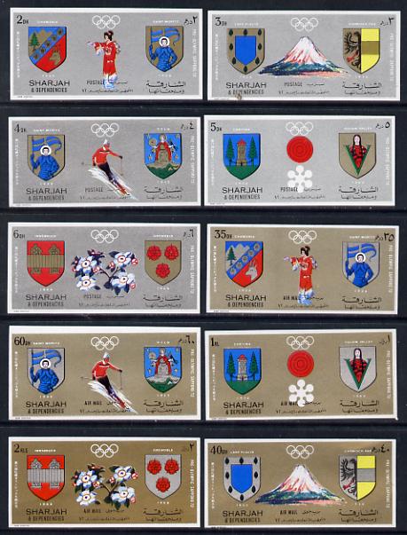 Sharjah 1972 Sapporo Winter Pre-Winter Olympics imperf set of 10 unmounted mint (Mi 825-34B) , stamps on sport     heraldry, stamps on arms        olympics