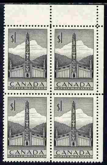 Canada 1953 Totem Pole $1 in NE corner block of 4 unmounted mint SG 446, stamps on , stamps on monuments, stamps on indians