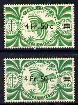 New Caledonia 1945 4f50 on 25c green Kagu two examples with different surcharges (with and without stops) both unmounted mint, stamps on birds