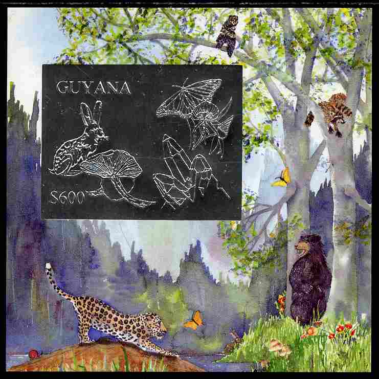Guyana 1995 Nature $600 deluxe imperf m/sheet with design in silver foil showing Rabbit, Butterfly, Mineral Crystals & Mushroom, on card from a limited numbered edition, stamps on , stamps on  stamps on animals, stamps on  stamps on rabbits, stamps on  stamps on minerals, stamps on  stamps on butterflies, stamps on  stamps on fungi