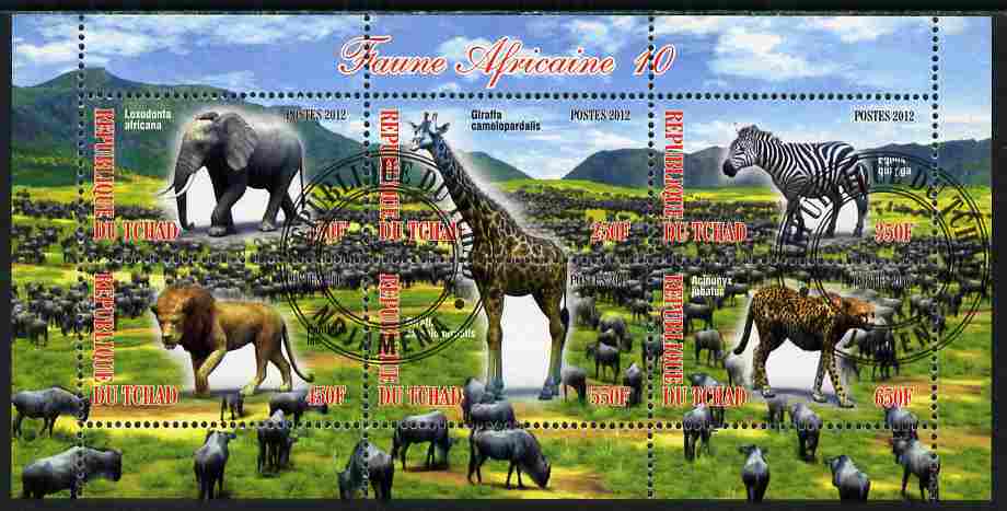 Chad 2012 African Fauna #10 perf sheetlet containing 6 values cto used, stamps on animals, stamps on elephants, stamps on lions, stamps on cats, stamps on giraffes, stamps on zebra, stamps on cheetahs