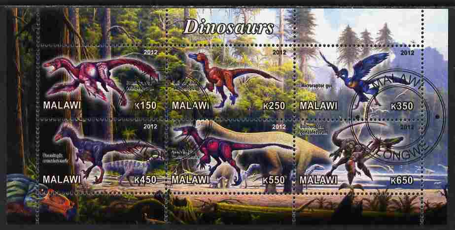 Malawi 2012 Dinosaurs #01 perf sheetlet containing 6 values cto used, stamps on dinosaurs