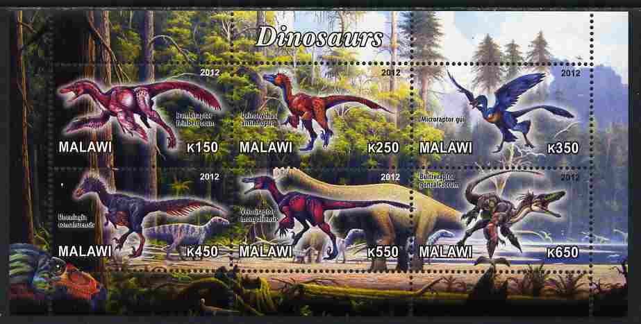 Malawi 2012 Dinosaurs #01 perf sheetlet containing 6 values unmounted mint, stamps on dinosaurs