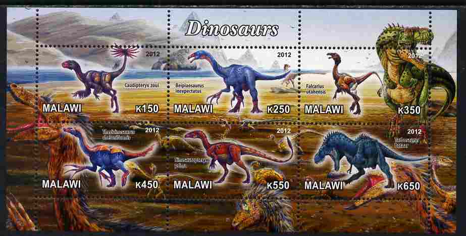 Malawi 2012 Dinosaurs #02 perf sheetlet containing 6 values unmounted mint, stamps on dinosaurs