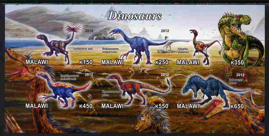 Malawi 2012 Dinosaurs #02 imperf sheetlet containing 6 values unmounted mint, stamps on dinosaurs