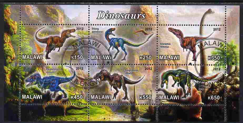 Malawi 2012 Dinosaurs #03 perf sheetlet containing 6 values cto used, stamps on dinosaurs