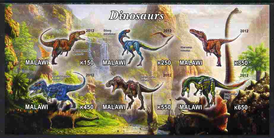 Malawi 2012 Dinosaurs #03 imperf sheetlet containing 6 values unmounted mint, stamps on dinosaurs
