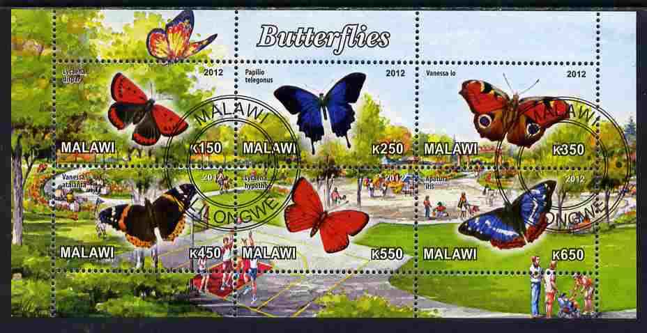 Malawi 2012 Butterflies #02 perf sheetlet containing 6 values cto used, stamps on butterflies