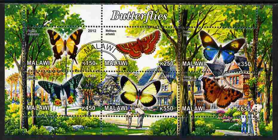 Malawi 2012 Butterflies #03 perf sheetlet containing 6 values cto used, stamps on butterflies
