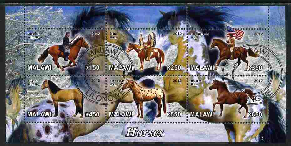Malawi 2012 Horses #2 perf sheetlet containing 6 values cto used, stamps on horses, stamps on wild west, stamps on indians, stamps on flags