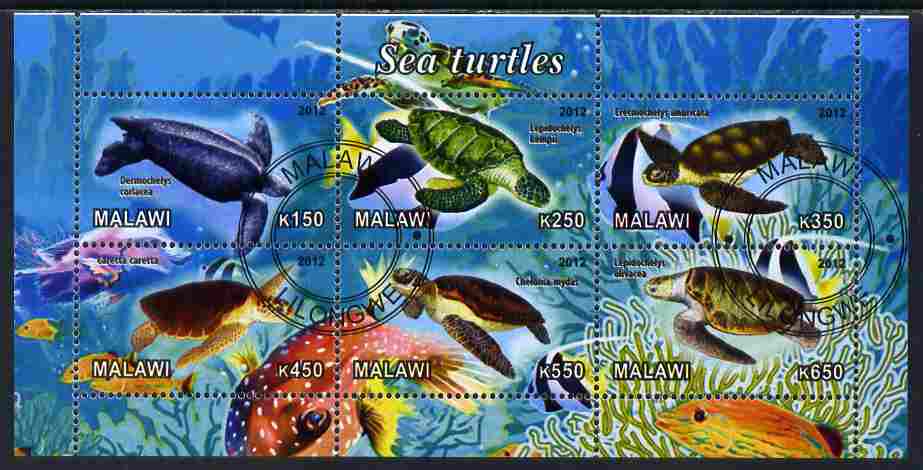 Malawi 2012 Sea Turtles perf sheetlet containing 6 values cto used, stamps on marine life, stamps on turtles