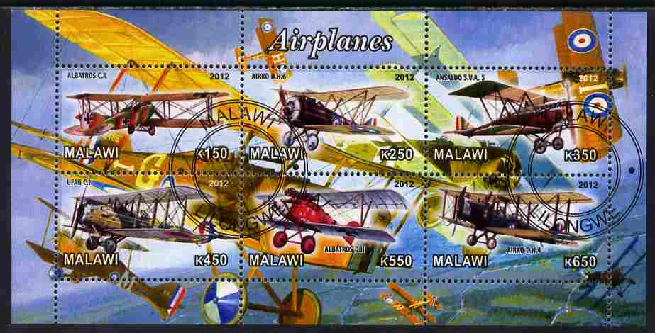 Malawi 2012 Early Bi-planes perf sheetlet containing 6 values cto used, stamps on aviation