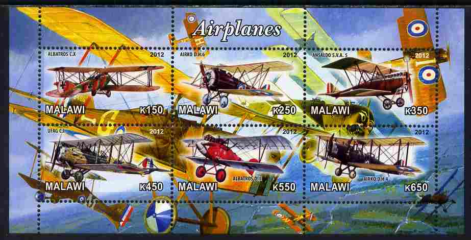 Malawi 2012 Early Bi-planes perf sheetlet containing 6 values unmounted mint, stamps on aviation