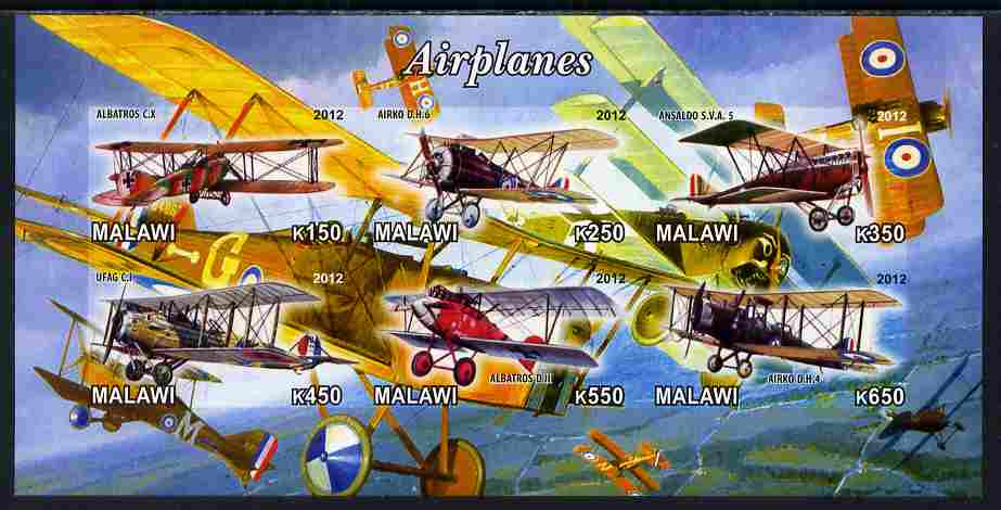 Malawi 2012 Early Bi-planes imperf sheetlet containing 6 values unmounted mint, stamps on aviation
