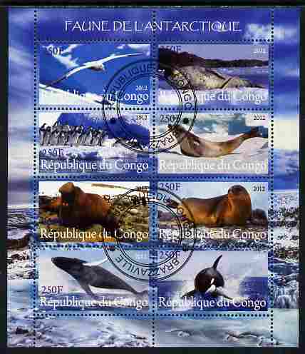 Congo 2012 Antarctic Fauna perf sheetlet containing 8 values fine cto used, stamps on marine life, stamps on polar, stamps on seals, stamps on whales, stamps on penuins