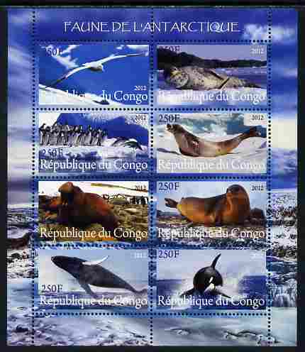 Congo 2012 Antarctic Fauna perf sheetlet containing 8 values unmounted mint , stamps on marine life, stamps on polar, stamps on seals, stamps on whales, stamps on penuins