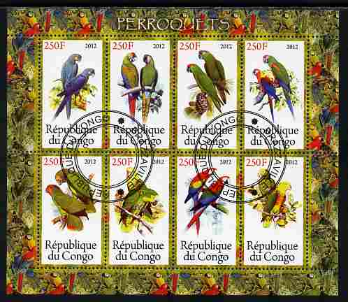 Congo 2012 Parrots perf sheetlet containing 8 values fine cto used, stamps on birds, stamps on parrots